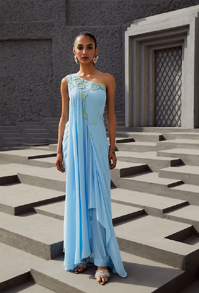 Georgette Party Wear Powder Blue One Shoulder Grey Embroidery Gown,  Packaging Type: Box at Rs 14000 in New Delhi
